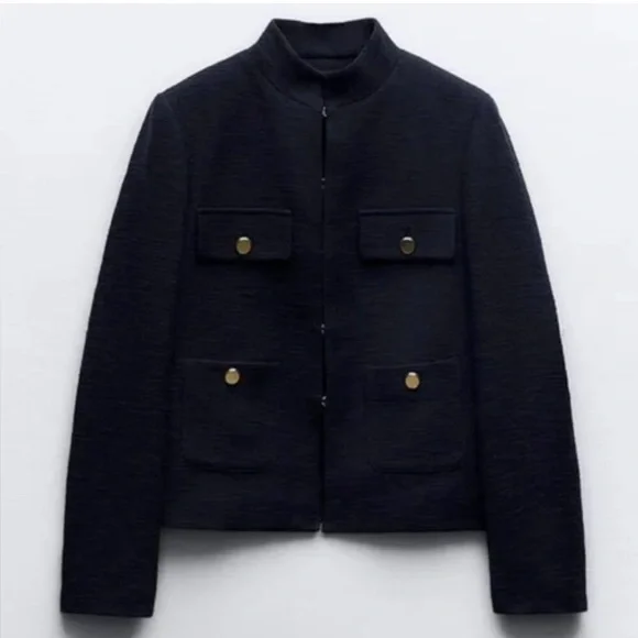 ZARA Textured High Collar Blazer Navy Blue Size M - Picture 3 of 8